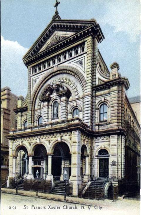 A postcard from circa 1900 shows the facade of the Church of St. Francis Xavier in New York City. (Wikimedia Commons/New York Public Library)