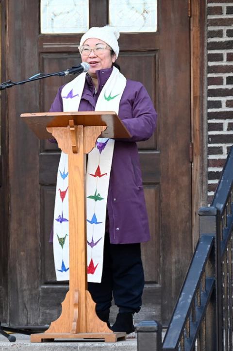 The Rev. Jennifer Ikoma-Motzko speaks during a solidarity service for shooting victim Renee Good at Park Avenue United Methodist Church Jan. 9 in Minneapolis. (RNS/Jack Jenkins)