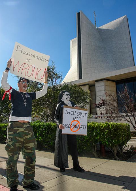 Supporters of same-sex marriage protest outside San Francisco's St. Mary's Cathedral Nov. 9, 2008. (CNS/Catholic San Francisco/Dan Morris-Young)