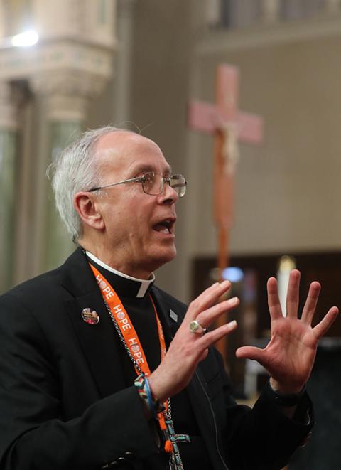 Bishop Mark J. Seitz of El Paso, Texas, gestures during an interview with an OSV News at St. Patrick's Cathedral in El Paso March 24, 2025, before leading a rally and vigil in El Paso in solidarity with migrants. (OSV News/Bob Roller)
