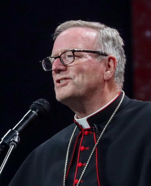 Bishop Robert Barron of Winona-Rochester, Minn., speaks at the National Eucharistic Congress  July 20, 2024, in Indianapolis. (OSV News/Bob Roller)