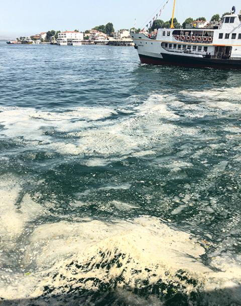 A boat passes as marine mucilage is seen in the waters off Istanbul in July 2021. (Wikimedia Commons/Furkan)
