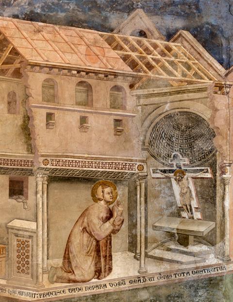 A 14th-century fresco in the Church of St. Francis in Pistoia, Italy, depicts the story of St. Francis of Assisi's conversion before the cross in the Church of San Damiano. (Dreamstime/Jozef Sedmak)
