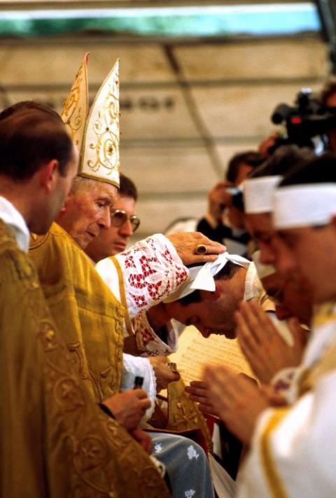 Archbishop Marcel Lefebvre presides at the 1988 ordinations of Bishops Richard Williamson, Bernard Tissier de Mallerais, Bernard Fellay and Alphonso de Galarreta in Econe, Switzerland. Archbishop Lefebvre and the four new bishops were excommunicated after participating in the ordination that had been forbidden by Pope John Paul II.  (OSV News/Catholic Press)