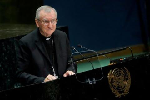 Cardinal Pietro Parolin, Vatican secretary of state addresses the 74th session of the General Assembly of the United Nations at U.N. headquarters in New York Sept. 28, 2019. (OSV News/Reuters/Brendan McDermid)