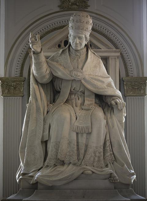 A statue of Pope Leo XIII is displayed at The Catholic University of America in Washington May 25, 2021. (CNS/Tyler Orsburn)