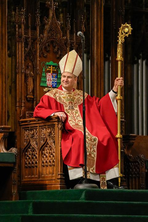 Archbishop Ronald Hicks sits in the cathedra during his installation Mass as the new archbishop of New York at St. Patrick's Cathedral in New York City Feb. 6, 2026. (OSV News/Gregory A. Shemitz)
