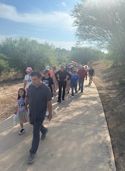Participants in the Archdiocese of San Antonio's Pilgrimage for the Care of Creation walk trails at Mission Espada in San Antonio, Texas, Sept. 14, 2025. (Courtesy of Virginia Mata)