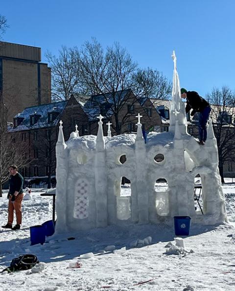 Students construct St. Olaf Chapel out of ice and snow at the University of Notre Dame in Indiana in January 2026. (Wesley Buonerba)