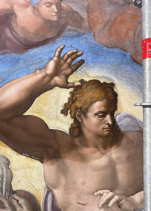 A detail of Christ in Michelangelo's "The Last Judgment" is seen during the Vatican Museums' extraordinary maintenance to remove a thin layer of calcium lactate buildup. (Courtesy of the Governorate of Vatican City State)
