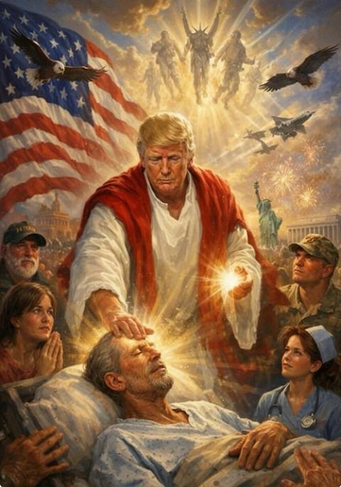 A now-deleted post seen April 12, 2026, on U.S. President Donald Trump's Truth Social account depicts an AI-generated image of himself apparently as Jesus Christ. Trump posted the AI-generated image 46 minutes after delivering a social media tirade against Pope Leo XIV. (OSV News/@realDonaldTrump/Truth Social handout via Reuters) 