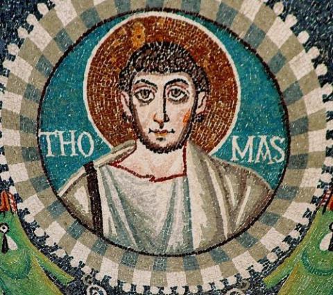 A mosaic depicts St. Thomas at the Basilica of San Vitale (526-467) in Ravenna, Italy. Thomas the apostle, according to tradition, evangelized the western Indian coast in 52 AD. (Wikimedia Commons)