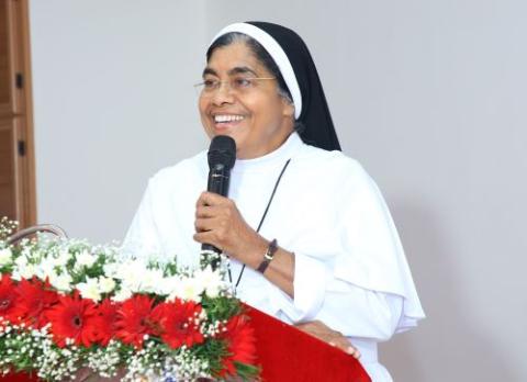 Sr. Treesa Palackal, founder of Hrudayaram, a counseling center managed by the Sacred Heart Sisters at Kannur, speaks during the center's silver jubilee program. (Courtesy of Rincy Augustine)
