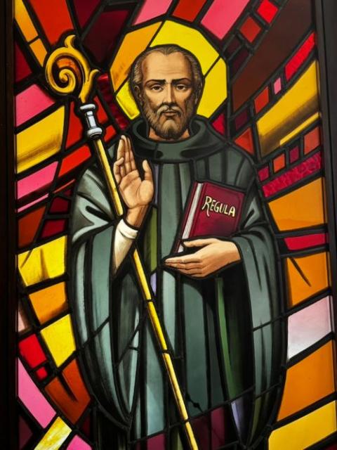 St. Benedict is depicted in a window at the Monastero delle Benedettine de S. Giuseppe in Assisi, Italy, in June 2026. (GSR photo/Helga Leija)