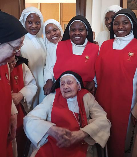 Sister Anna Maria of the Sacred Heart, center, is joined by sisters of the Monastery of the Perpetual Adorers of the Most Blessed Sacrament in Seregno, Italy. (Courtesy of Perpetual Adorers of the Most Blessed Sacrament)