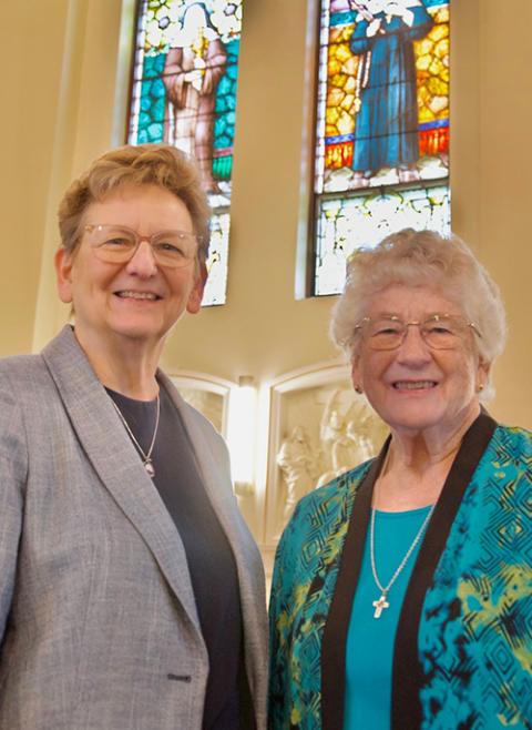 Sr. Dawn Tomaszewski, left, and Sr. Jenny Howard, in the Our Lady of Victory Missionary Sisters motherhouse, May 22, 2026 (GSR photo/Dan Stockman)