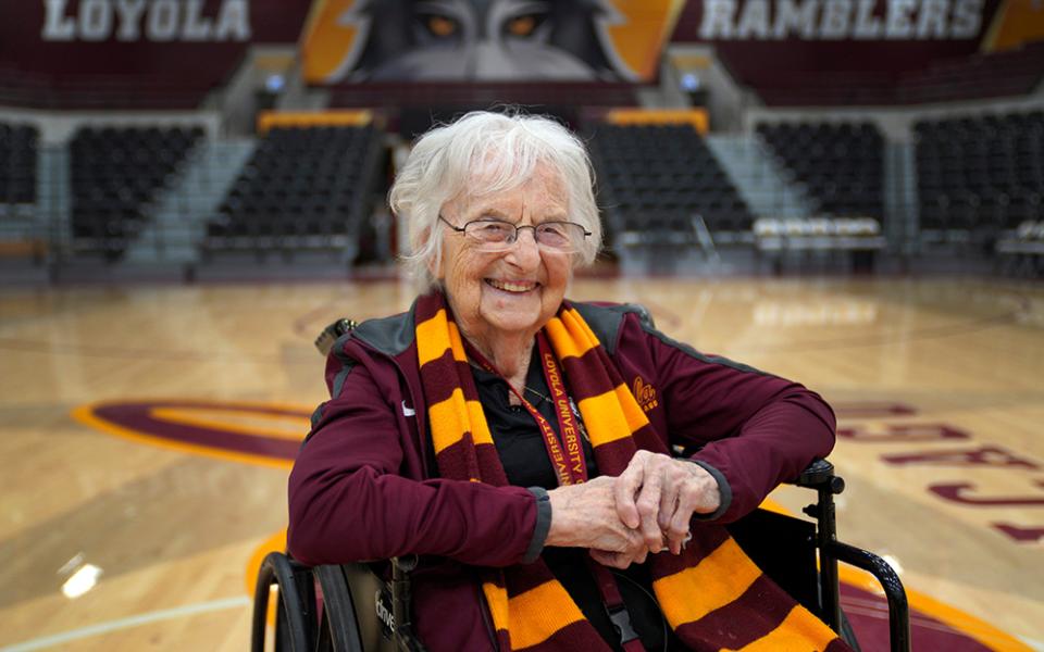Sr. Jean Dolores Schmidt, the Loyola University men's basketball chaplain and school celebrity, sits for a portrait in The Joseph J. Gentile Arena, on Monday, Jan. 23, 2023, in Chicago. (AP photo/Jessie Wardarski, file)