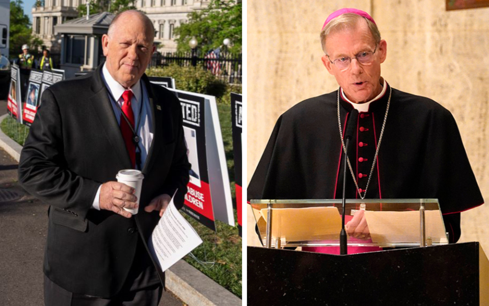 At left, White House border czar Tom Homan walks to do a television interview at the White House April 28, 2025, in Washington. At right, Archbishop John Wester of Santa Fe, New Mexico, offers a reflection on nuclear disarmament during a prayer service for U.N. diplomats at the Church of the Holy Family in New York City Sept. 12, 2022. (AP/Alex Brandon; OSV News/Gregory A. Shemitz)