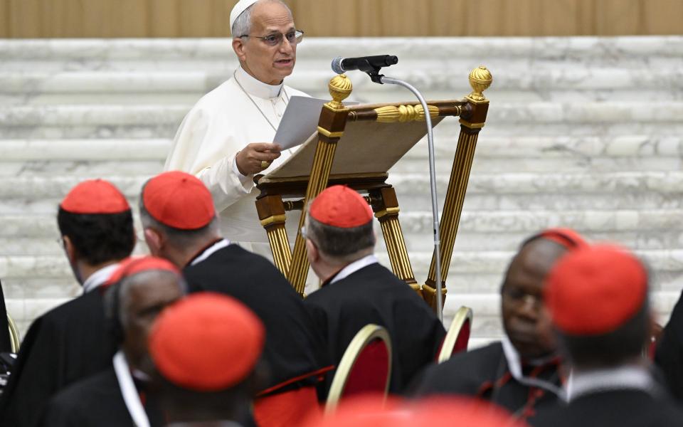 Pope Leo XIV addresses cardinals gathered for the opening working session of his second consistory in the Paul VI Audience Hall at the Vatican June 26, 2026. (CNS photo/Vatican Media)