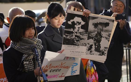 Representatives of the Hiroshima Nagasaki Peace Messengers speak across the street from United Nations headquarters in New York City during a rally to abolish nuclear weapons Nov. 28, 2023. (OSV News/Gregory A. Shemitz)