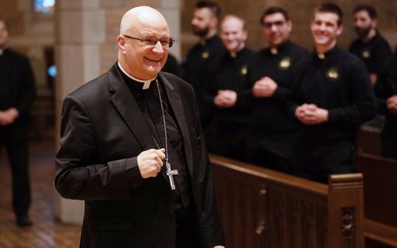 Archbishop Edward Weisenburger greets seminarians in the chapel at Detroit's Sacred Heart Major Seminary on Feb. 11, 2025. Early that morning, Pope Francis accepted the resignation of Detroit Archbishop Allen Vigneron, and appointed the former Tucson, Arizona, bishop to succeed Vigneron. Weisenburger was installed March 18. (OSV News/Detroit Catholic/Valaurian Waller)