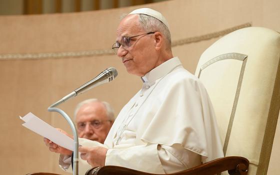 Pope Leo XIV addresses people attending the Conference of the International Inter-Parliamentary Union during an audience in the Hall of Benediction at the Vatican June 21, 2025. He reflected on the ethical challenges posed by artificial intelligence. (CNS/Vatican Media)