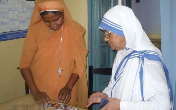 Sisters of Compassion Sr. Alphie Kidangen (left) stands with Sr. Nirmala Joshi, then superior general of the Missionaries of Charity, at Shanthi Nilayam, a center for children at Bonakal village in Telangana, a southeastern Indian state in 2011. (Courtesy of Alphie Kidangen)