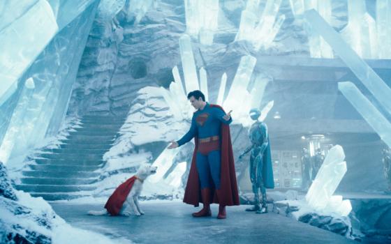 Superman and Krypto the Superdog facing each other in a room full of crystals.