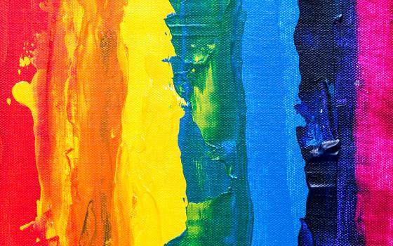An abstract rainbow illustration shows a close-up photo of vertical paint brush strokes of the colors red, orange, yellow, green, blue, and purple (Unsplash/Steve Johnson)