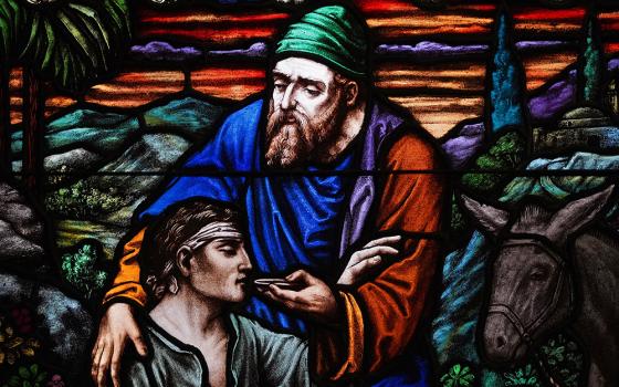 The parable of the good Samaritan is depicted in a stained-glass window at Good Samaritan Hospital Medical Center in West Islip, N.Y. (CNS/Gregory A. Shemitz)
