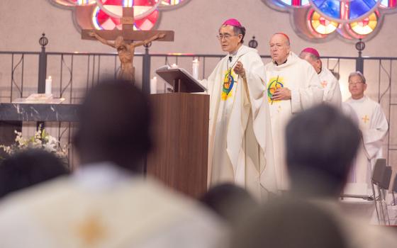 Bishop Alexis Mitsuru Shirahama of Hiroshima, Japan, concelebrates Mass Aug. 6, 2025, at the World Peace Memorial Cathedral in Hiroshima for the victims of the atomic bombing. Cardinal Robert McElroy of Washington stands behind him. The Mass was part of a "Pilgrimage of Peace" by four U.S. archbishops and U.S. Catholic university leaders and students to Hiroshima and Nagasaki to pray and dialogue for peace on the 80th anniversary of when the atomic bombs were dropped on those cities on Aug. 6 and 9, 1945. (