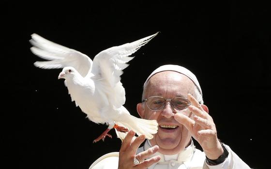 Pope Francis releases a dove outside the Basilica of St. Nicholas after meeting with the leaders of Christian churches in Bari, Italy, July 7, 2018, for an ecumenical day of prayer for peace in the Middle East. Daniel Horan writes that Pope Leo XIV is carrying the late Francis' message forward in his own teaching, urging all people of goodwill to address the war on creation in our hearts and world. (CNS/Paul Haring)