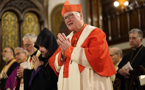 New York Cardinal Timothy Dolan joins the assembly in reciting the Nicene Creed during an ecumenical prayer service for peace in the world in honor of Mary, Mother of God, at Our Lady of Lebanon Maronite Cathedral in the Brooklyn Heights section of Brooklyn, New York, May 20, 2025. (OSV News/Gregory A. Shemitz)