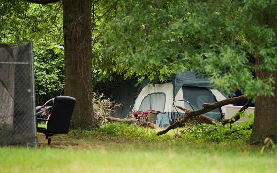 A tent is seen at a homeless encampment near the Kennedy Center in Washington Aug. 11, 2025. President Donald Trump said that day he will place the D.C. Metropolitan Police Department "under direct federal control," activate the National Guard, and "get rid of the slums" in what he called an effort to combat crime in the nation's capital. (OSV News/Reuters/Ken Cedeno)