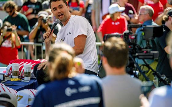 Conservative activist Charlie Kirk appears at a Utah Valley University speaking event in Orem, Utah, Sept. 10, 2025. Kirk was shot during the event, and President Donald Trump later said on social media that Kirk had been killed. (OSV News/Trent Nelson, The Salt Lake Tribune via Reuters)