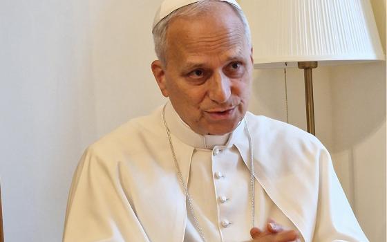 Pope Leo XIV answers a question from Elise Allen, senior correspondent at Crux, during an interview at the pope's residence inside the Vatican's Palazzo Sant'Uffizio July 30, 2025. The biography of the pope is titled, "Leo XIV: Citizen of the World, Missionary of the XXI Century," and it will be published in Spanish by Penguin Peru Sept. 18. English and Portuguese editions of the book will be released in early 2026. (CNS/Courtesy of Crux)