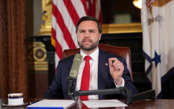 Vice President JD Vance hosts an episode of "The Charlie Kirk Show" at the White House in Washington Sept, 15, 2025, following the assassination of the show's namesake. Kirk, a conservative activist who was co-founder of Turning Point USA, was shot and killed while speaking Sept. 10 at a Utah Valley University event in Orem. (OSV News/The New York Times/Pool via Reuters/Doug Mill)