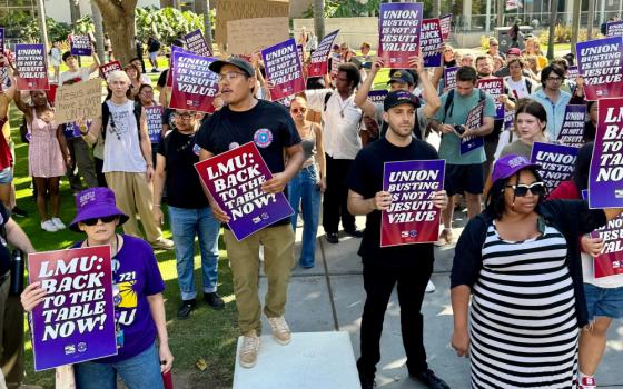 Protesters gathered Sept. 16 on the campus of Loyola Marymount University in Los Angeles, urging school officials not to dissolve the employee union. (Courtesy of SEIU Local 721/Emily Dorrel)