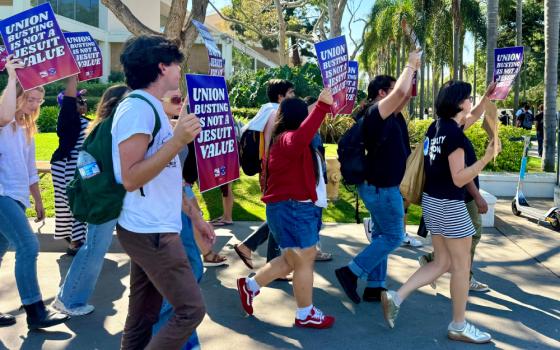Protesters gathered Sept. 16 on the campus of Loyola Marymount University in Los Angeles, urging school officials not to dissolve the employee union. (Courtesy of SEIU Local 721/Emily Dorrel)