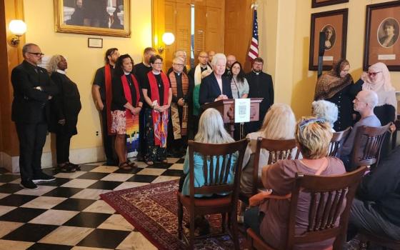 Dominican Sr. of Peace Gemma Doll calls on Ohio Governor Mike DeWine to intervene in the Ayman Soliman case at the Ohio Statehouse Aug. 25. Soliman, who is from Egypt, was granted asylum in 2018. His status was revoked on June 3 and he was detained July 9. (Ohio Immigrant Alliance)