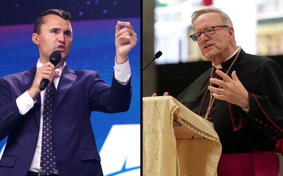 Left: Charlie Kirk speaks at the 2025 Student Action Summit in Tampa, Florida (Wikimedia Commons/Gage Skidmore). Right: Bishop Robert Barron speaks at the USA National Jubilee Pilgrim Gathering at the Basilica of St. Paul Outside the Walls in Rome July 30, 2025. (CNS/Lola Gomez)