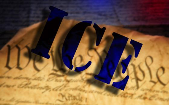 Illustration shows the initials ICE above the U.S. Constitution (Shutterstock/zimmytws)