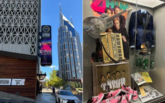 Signage, left, and a display, right, at the new Museum of Christian & Gospel Music, Oct. 1 in downtown Nashville, Tenn. (RNS/Bob Smietana)