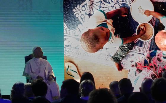 Pope Leo XIV attends the ceremony marking the 80th anniversary of World Food Day at the U.N. Food and Agriculture Organization headquarters in Rome Oct. 16. (AP/Gregorio Borgia)