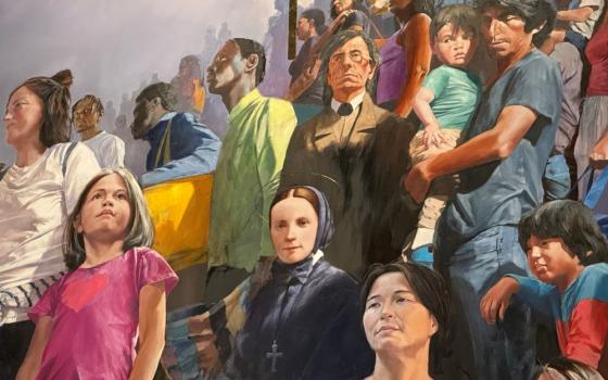 Mother Cabrini, wearing black, is featured in a recently unveiled mural featuring migrants at the entrance of St. Patrick's Cathedral in New York Sept. 23. Mother Cabrini, who immigrated to the United States in 1889, is the patron saint of immigrants. (GSR photo/Rhina Guidos) 