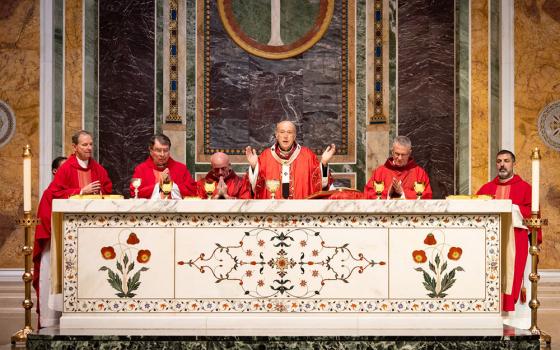 Washington Cardinal Robert McElroy, center, concelebrates the 73rd annual Red Mass at the Cathedral of St. Matthew the Apostle in Washington Oct. 5, 2025. Also pictured are Bishop Michael Burbidge of Arlington, Va.; Cardinal Christophe Pierre, the apostolic nuncio to the United States; Deacon Robert Vince who serves at the cathedral; Archbishop Timothy Broglio of the Archdiocese for the Military Services; and Washington Auxiliary Bishop Juan Esposito. (OSV News/John Carroll Society/Christopher Newkumet)
