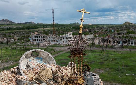 A drone view shows the ruins of a church and buildings in the village of Marinka (Maryinka) in the Russian-controlled Donetsk region of Ukraine May 15, 2025. The village was destroyed during the ongoing Russia-Ukraine conflict. (OSV News/Reuters/Alexander Ermochenko)
