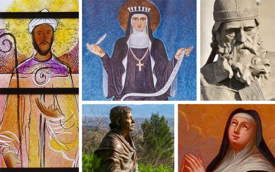 Clockwise from left, artistic depictions of: St. Augustine of Hippo (Wikimedia Commons/Nheyob); St. Hildegard of Bingen (CNS/Paul Haring); St. Isadore of Seville (Wikimedia Commons/Javier Perez Montes); St. Catherine of Siena (OSV News/Wikimedia Commons-cc 4.0); St. Francis of Assisi (NCR photo/Joshua J. McElwee)