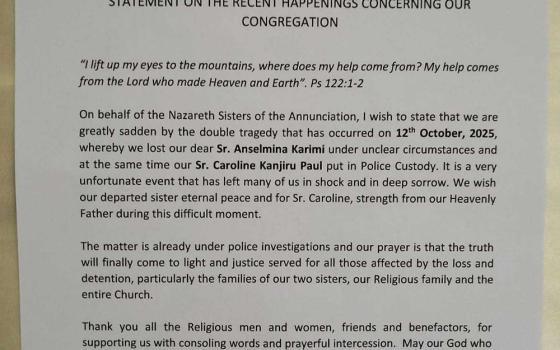Statement released Oct. 15 by the Nazareth Sisters of the Annunciation regarding the death of Sr. Anselmina Karimi and arrest of Sr. Caroline Kanjiru (GSR photo/Nazareth Sisters of the Annunciation)