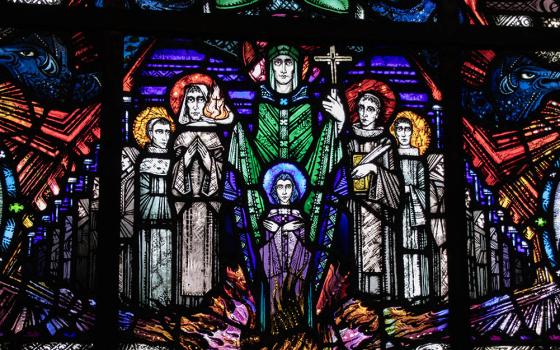 St. Patrick is depicted in stained glass at the Church of Sts. Peter and Paul in Athlone, Ireland. (Teresa Malcolm)